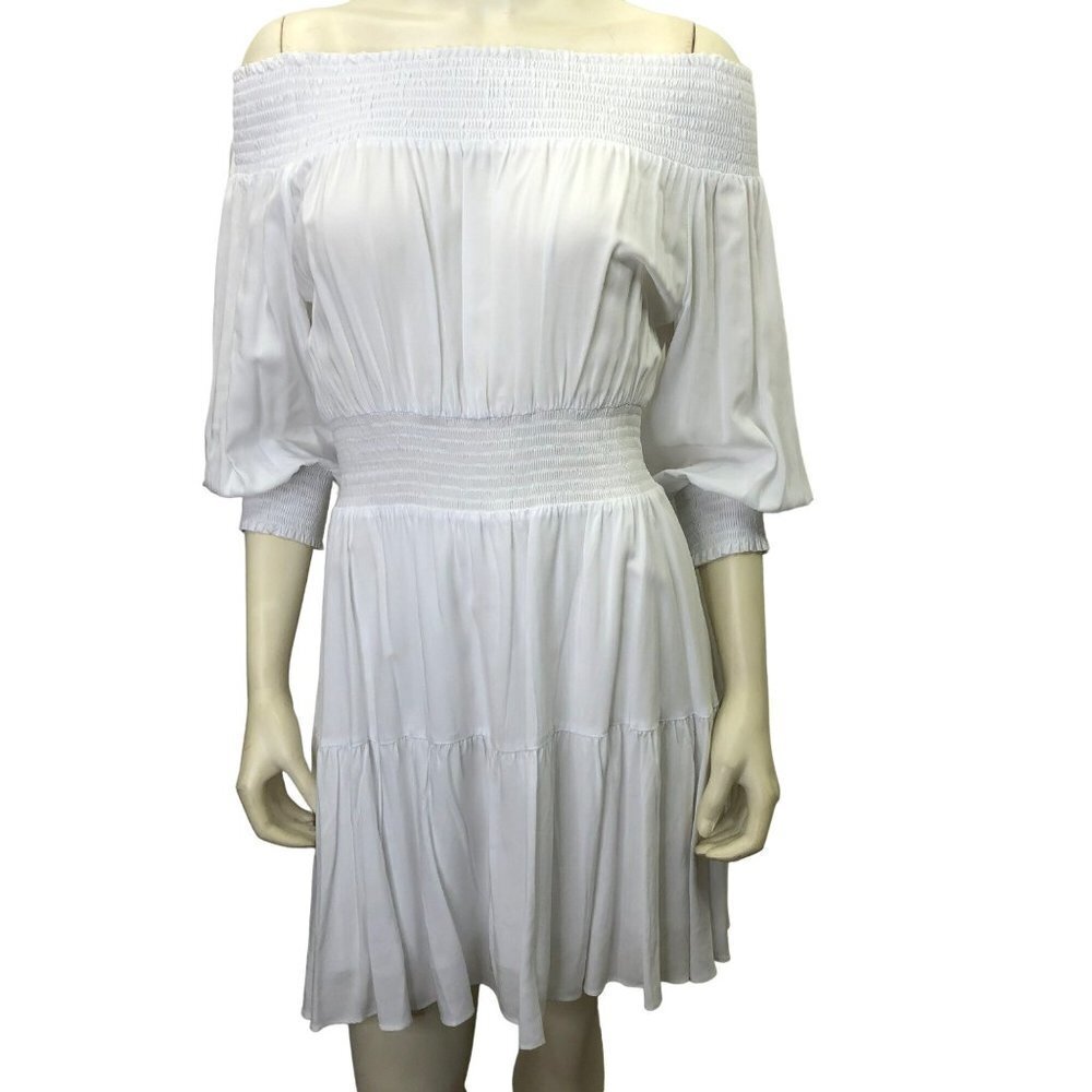 $119 GIANNI BINI Ella Long Sleeve Off-the-Shoulder Smocked A-Line DRESS SM‎ NWT